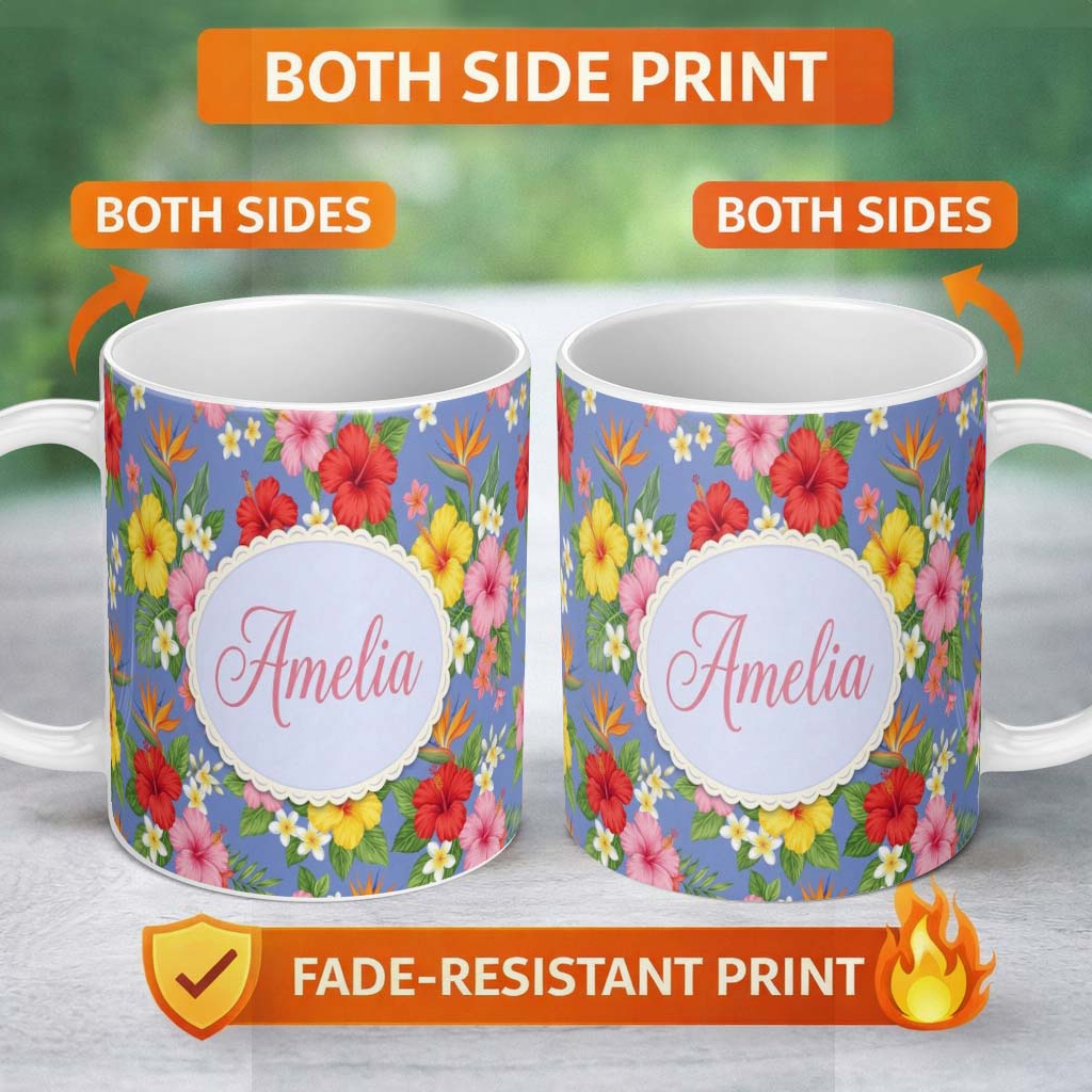 Personalized Custom Name Tropical Hibiscus Bird of Paradise Seamless Pattern Purple Lovely 11oz Ceramic Coffee Tea Mug White Large Handle