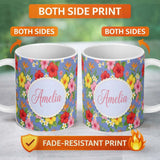 Personalized Custom Name Tropical Hibiscus Bird of Paradise Seamless Pattern Purple Lovely 11oz Ceramic Coffee Tea Mug White Large Handle
