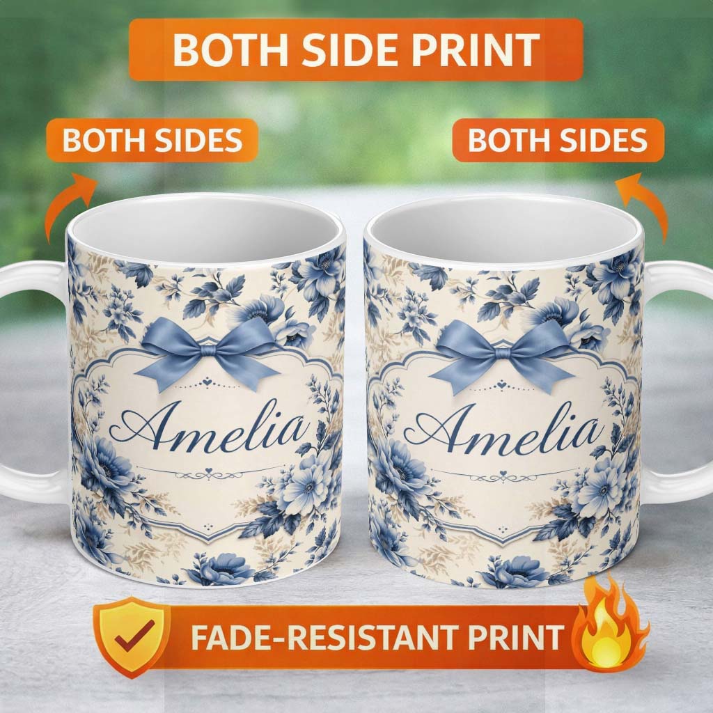 Personalized Custom Name Classic Blue & Cream Floral Vintage Botanical Pattern Lovely 11oz Ceramic Coffee Tea Mug White Large Handle