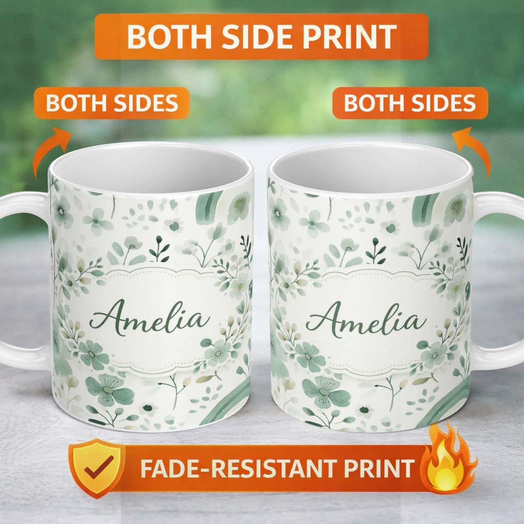 Personalized Custom Name Watercolor Green Floral Rainbow Pattern White Background Seamless 11oz Ceramic Coffee Tea Mug White Large Handle