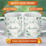 Personalized Custom Name Watercolor Green Floral Rainbow Pattern White Background Seamless 11oz Ceramic Coffee Tea Mug White Large Handle