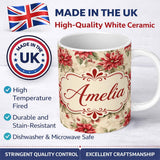 Personalized Custom Name Botanical Poinsettia and Foliage Christmas Garden Seamless Pattern 11oz Ceramic Coffee Tea Mug White Large Handle
