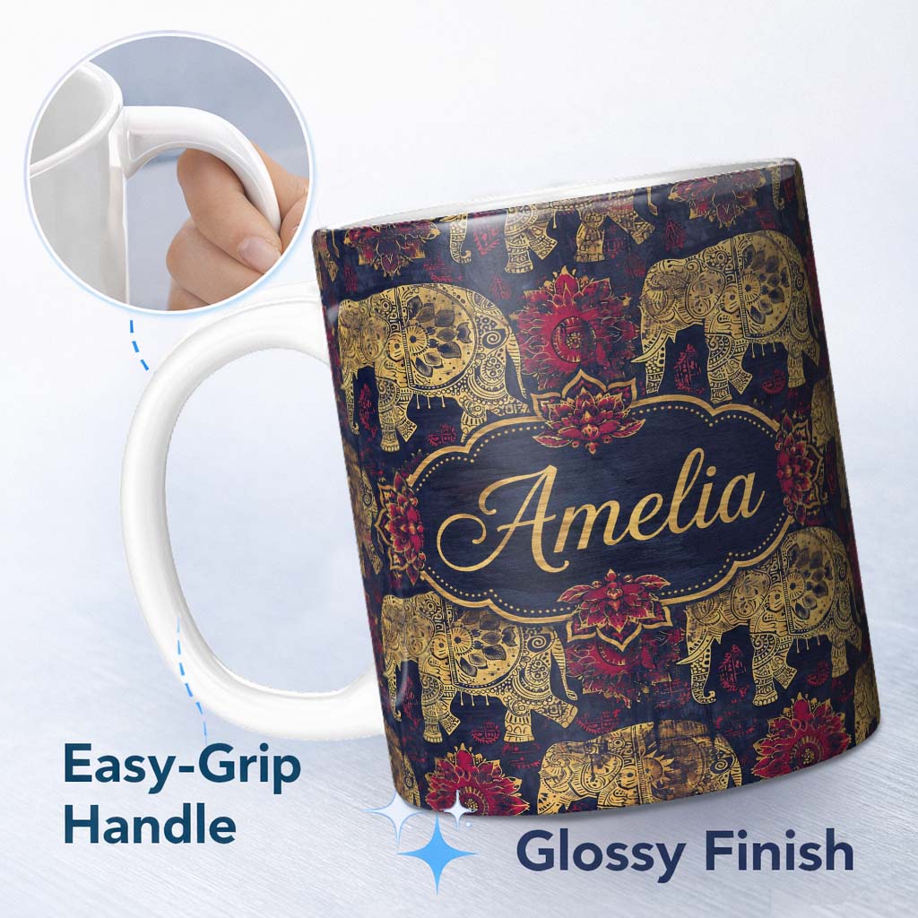 Personalized Custom Name Vintage Elephant and Floral Ethnic Seamless Pattern Cute Unique Gift 11oz Ceramic Coffee Tea Mug White Large Handle