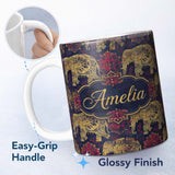 Personalized Custom Name Vintage Elephant and Floral Ethnic Seamless Pattern Cute Unique Gift 11oz Ceramic Coffee Tea Mug White Large Handle