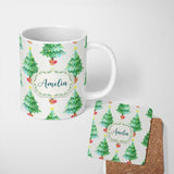 Personalized Custom Name Watercolor Christmas Trees with Lights in Pots Cute Holiday Seamless 11oz Ceramic Coffee Tea Mug White Large Handle