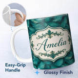 Personalized Custom Name Rich Teal Feather Pattern with Layered Botanical Texture Seamless 11oz Ceramic Coffee Tea Mug White Large Handle