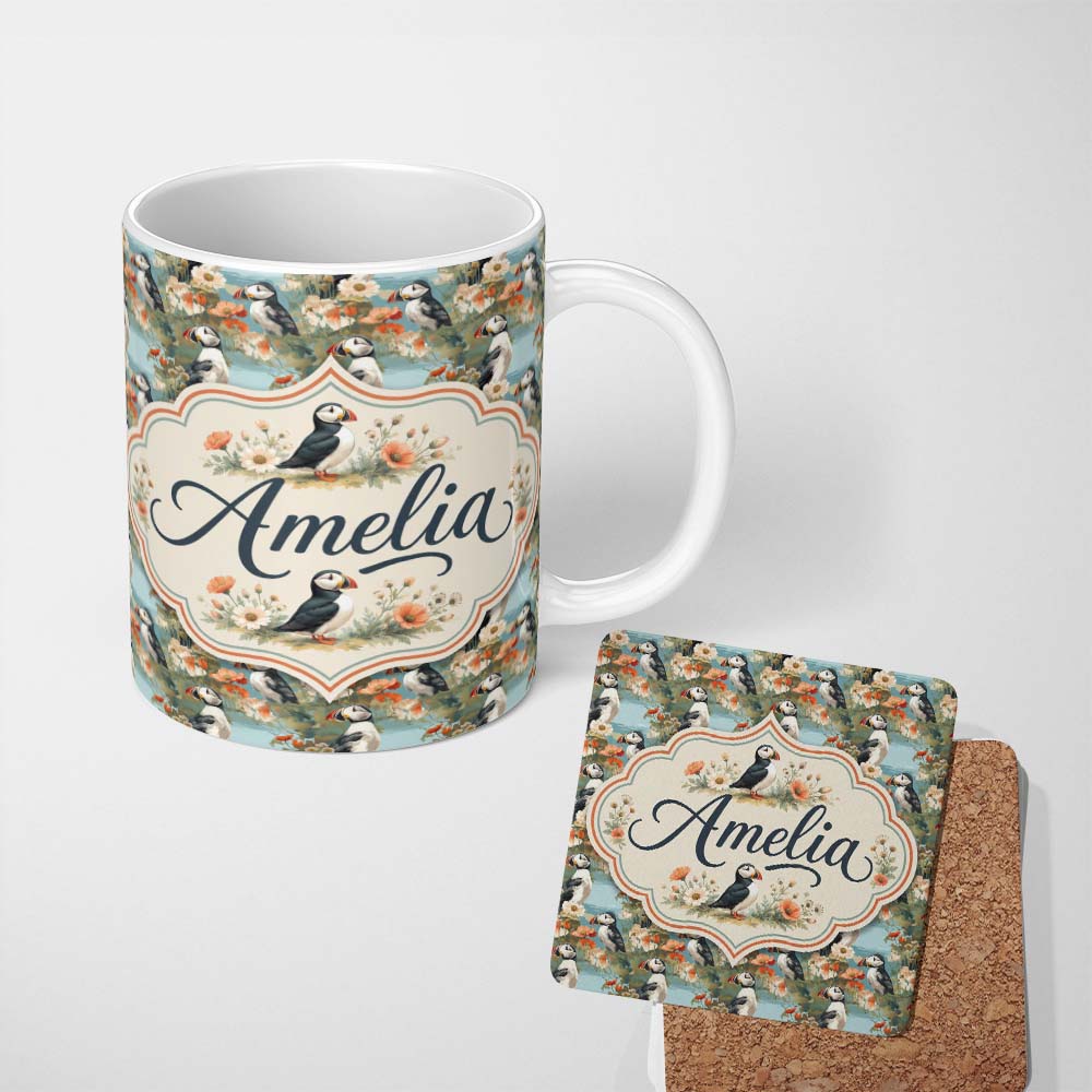 Personalized Custom Name Vintage Style Puffin Birds with Floral Garden Seamless Pattern 11oz Ceramic Coffee Tea Mug White Large Handle