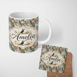 Personalized Custom Name Vintage Style Puffin Birds with Floral Garden Seamless Pattern 11oz Ceramic Coffee Tea Mug White Large Handle