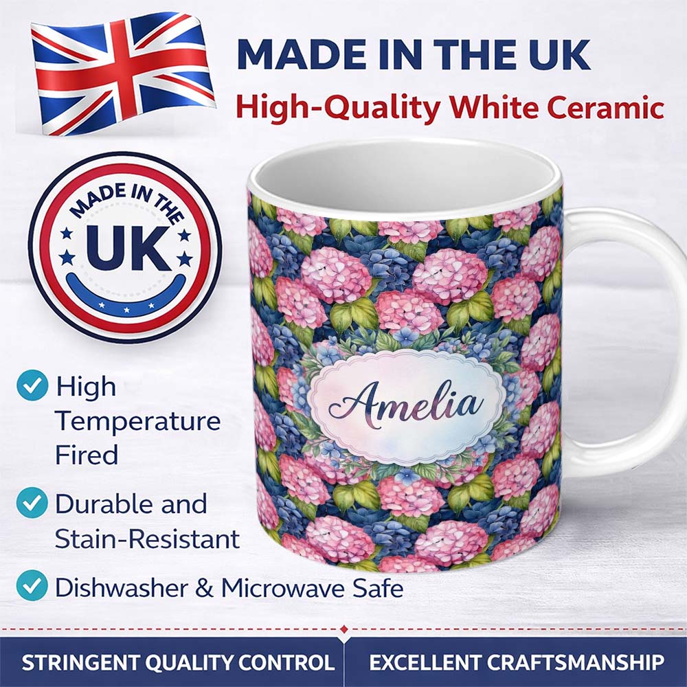 Personalized Custom Name Pink and Blue Hydrangea Floral Seamless Pattern Dark Background 11oz Ceramic Coffee Tea Mug White Large Handle