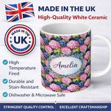 Personalized Custom Name Pink and Blue Hydrangea Floral Seamless Pattern Dark Background 11oz Ceramic Coffee Tea Mug White Large Handle
