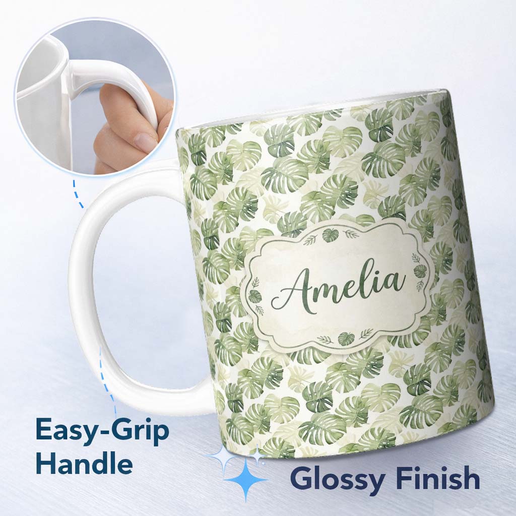 Personalized Custom Name Minimal Pale Green Monstera Leaves Elegant Seamless Pattern Lovely 11oz Ceramic Coffee Tea Mug White Large Handle