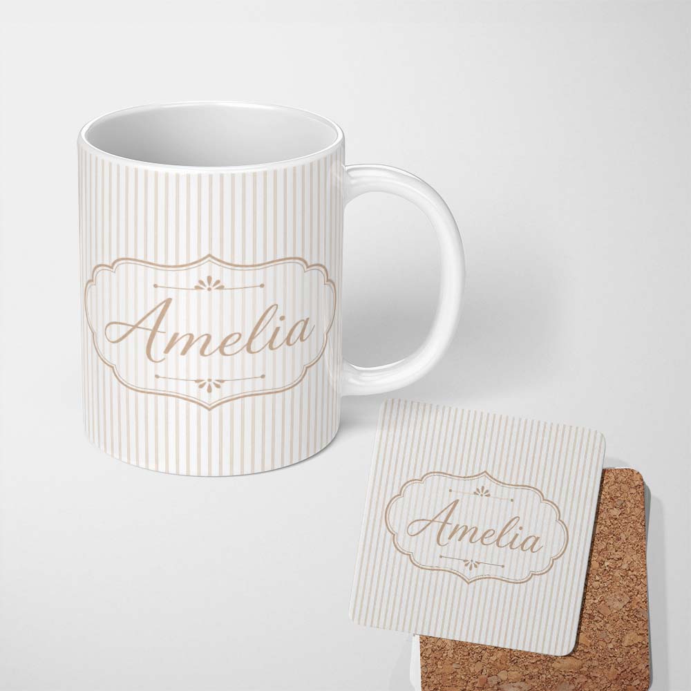 Personalized Custom Name Minimal Beige Vertical Pinstripe Elegant Seamless Pattern Lovely 11oz Ceramic Coffee Tea Mug White Large Handle
