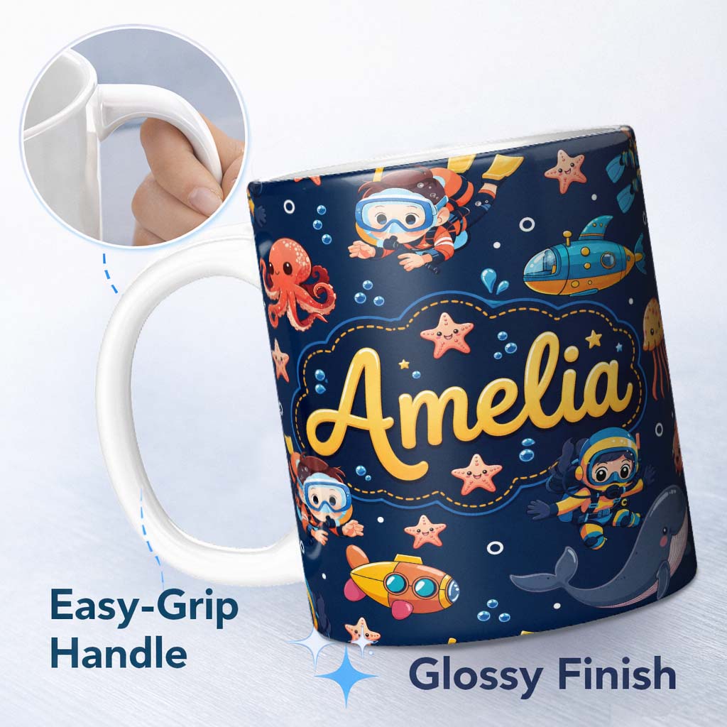 Personalized Custom Name Underwater with Scuba Divers Starfish and Whale on Navy Blue Lovely 11oz Ceramic Coffee Tea Mug White Large Handle