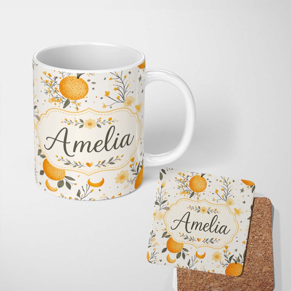 Personalized Custom Name Fresh Oranges with Delicate Floral Botanical Pattern Seamless Lovely 11oz Ceramic Coffee Tea Mug White Large Handle