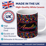 Personalized Custom Name Colorful Tropical Feather Leaves on Black Background Seamless Exotic 11oz Ceramic Coffee Tea Mug White Large Handle
