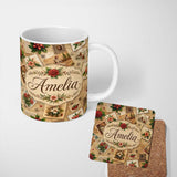 Personalized Custom Name Rustic Vintage Christmas Floral Cards Letters Collage Seamless 11oz Ceramic Coffee Tea Mug White Large Handle