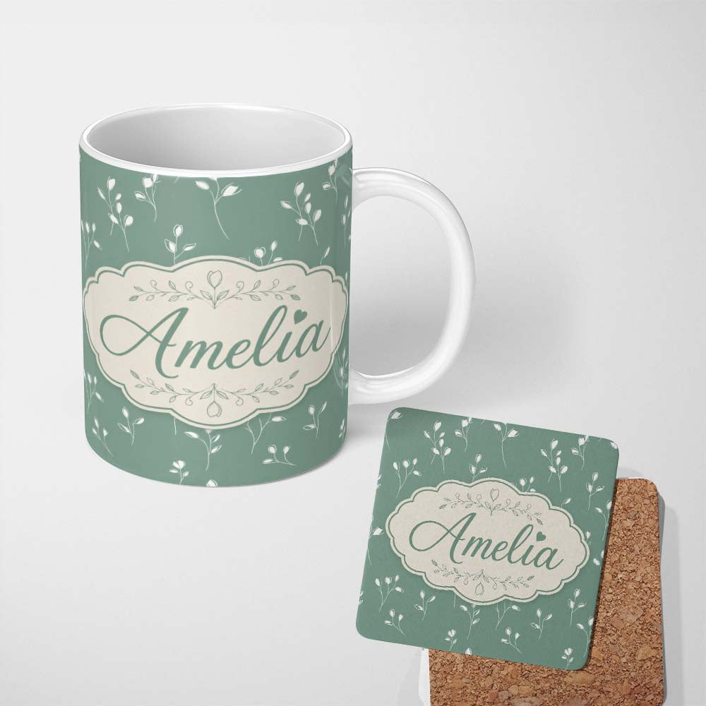 Personalized Custom Name Minimalist Sage Green Floral Bud Pattern with Delicate White Line 11oz Ceramic Coffee Tea Mug White Large Handle