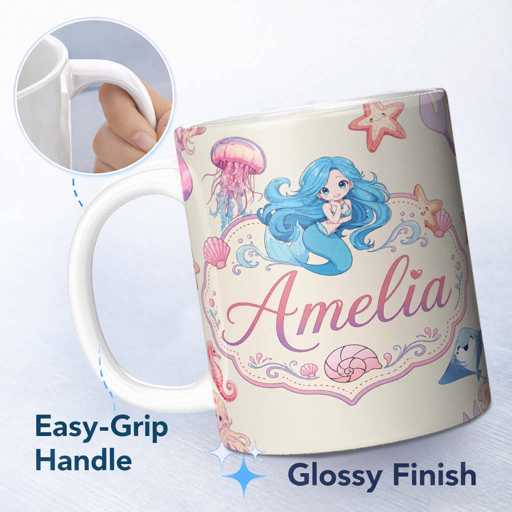 Personalized Custom Name Cute Cartoon Mermaid and Sea Creatures Seamless Pattern Lovely 11oz Ceramic Coffee Tea Mug White Large Handle