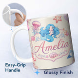 Personalized Custom Name Cute Cartoon Mermaid and Sea Creatures Seamless Pattern Lovely 11oz Ceramic Coffee Tea Mug White Large Handle