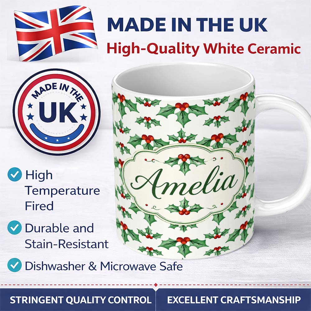 Personalized Custom Name Classic Holly Leaves Red Berries Festive Seamless Pattern Lovely 11oz Ceramic Coffee Tea Mug White Large Handle