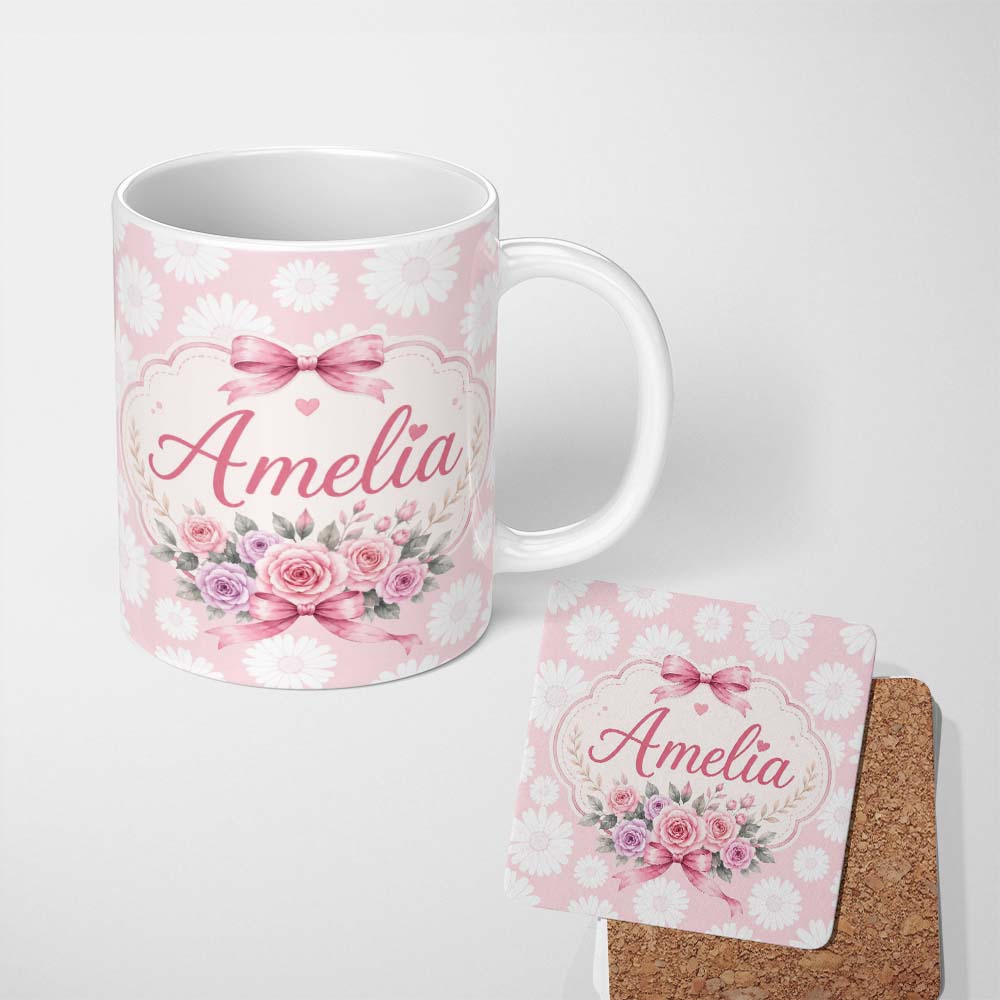Personalized Custom Name White Daisy Floral Pattern on Soft Blush Pink Background Seamless 11oz Ceramic Coffee Tea Mug White Large Handle