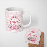 Personalized Custom Name White Daisy Floral Pattern on Soft Blush Pink Background Seamless 11oz Ceramic Coffee Tea Mug White Large Handle