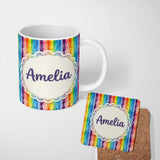 Personalized Custom Name Rainbow Watercolor Drip Vertical Stripes Seamless Pattern Lovely 11oz Ceramic Coffee Tea Mug White Large Handle