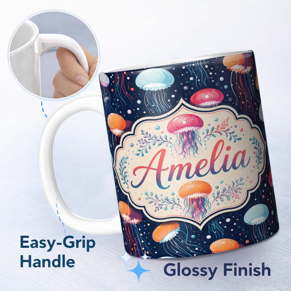 Personalized Custom Name Colorful Cartoon Jellyfish on Dark Navy Background Seamless Fun 11oz Ceramic Coffee Tea Mug White Large Handle