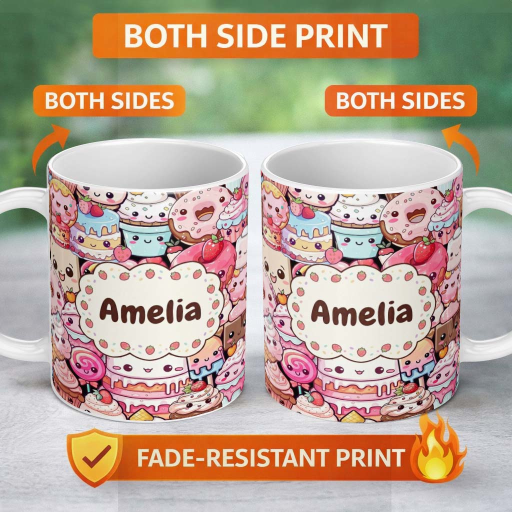 Personalized Custom Name Cute Cartoon Cakes Donuts and Milkshakes with Pastel Colors Seamless 11oz Ceramic Coffee Tea Mug White Large Handle