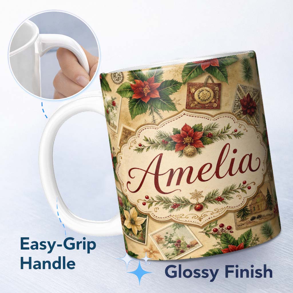 Personalized Custom Name Classic Christmas Botanical Elements with Holly Berries and Flowers 11oz Ceramic Coffee Tea Mug White Large Handle
