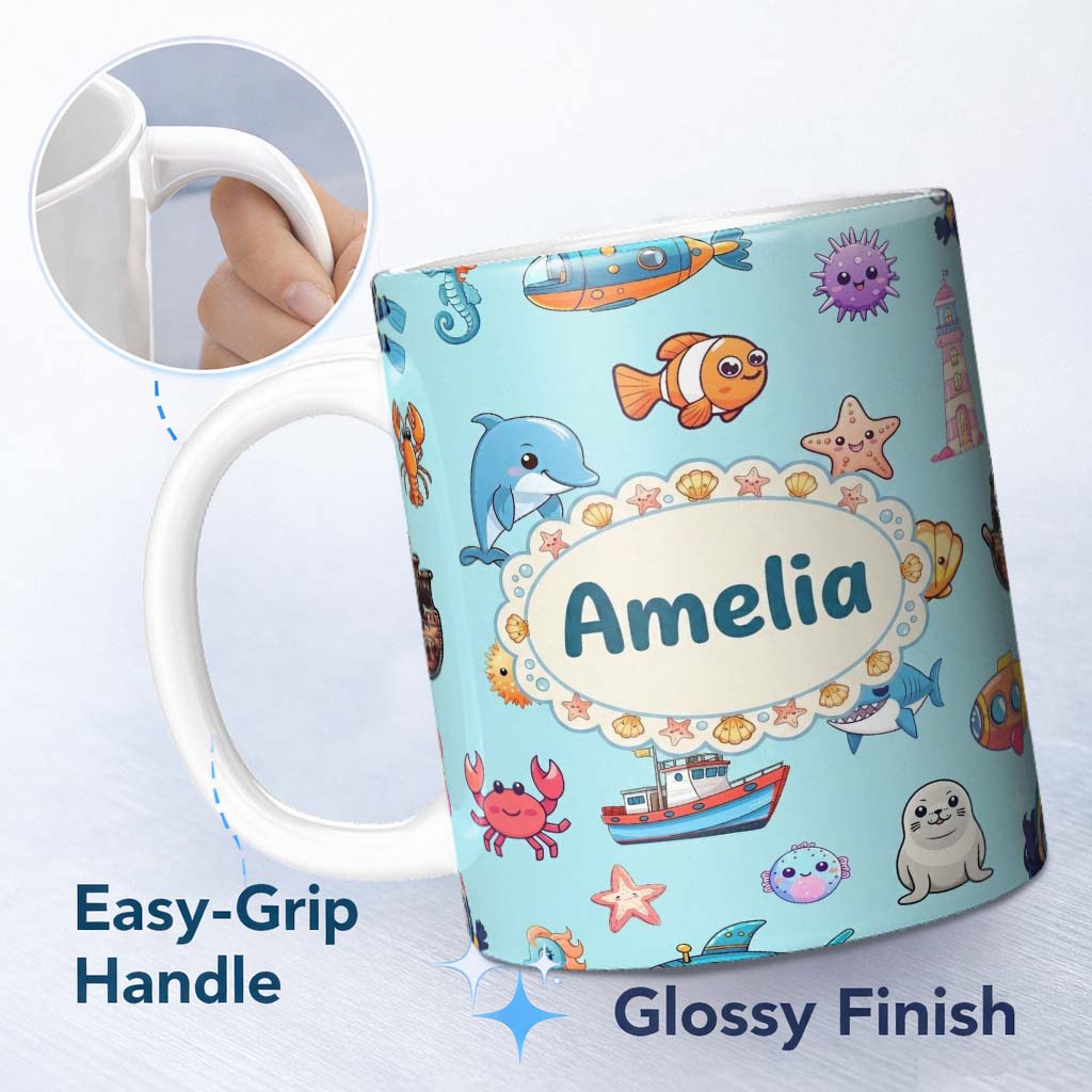 Personalized Custom Name Cartoon Sea Animals Diver Dolphin Shark Boat Lighthouse Light Blue 11oz Ceramic Coffee Tea Mug White Large Handle