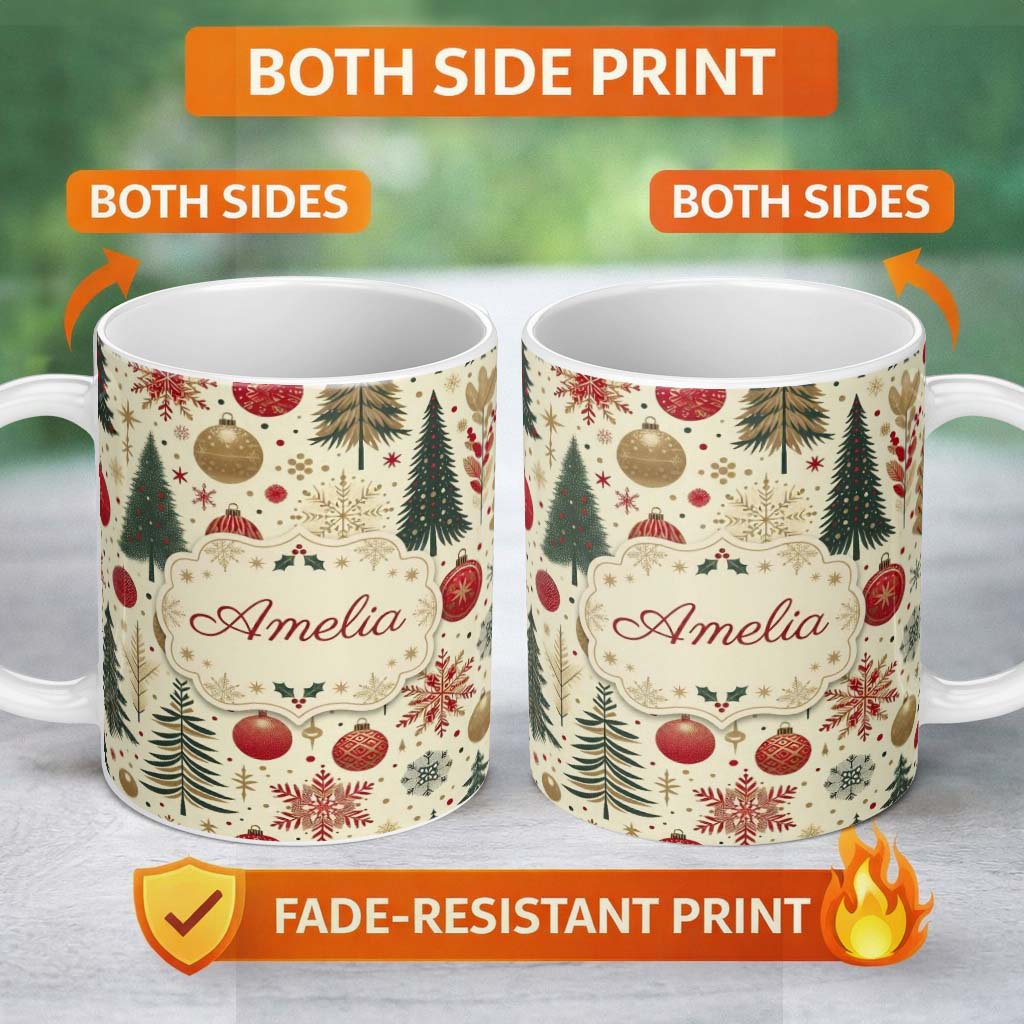Personalized Custom Name Vintage Christmas Trees Baubles Snowflakes Red Gold Festive Seamless 11oz Ceramic Coffee Tea Mug White Large Handle