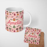 Personalized Custom Name Cute Christmas Coffee Cake Tree Ornament Seamless Pattern Lovely 11oz Ceramic Coffee Tea Mug White Large Handle