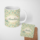 Personalized Custom Name Soft Pastel Butterflies with Botanical Leaves Seamless Pattern 11oz Ceramic Coffee Tea Mug White Large Handle