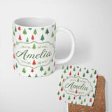 Personalized Custom Name Watercolor Red and Green Christmas Trees Pattern Festive Winter 11oz Ceramic Coffee Tea Mug White Large Handle