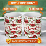 Personalized Custom Name Elegant Poinsettia Flowers Green Leaves Festive Seamless Pattern 11oz Ceramic Coffee Tea Mug White Large Handle