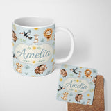 Personalized Custom Name Cute Safari Animals Lion Meerkat Warthog with Sun and Leaves on Sage 11oz Ceramic Coffee Tea Mug White Large Handle