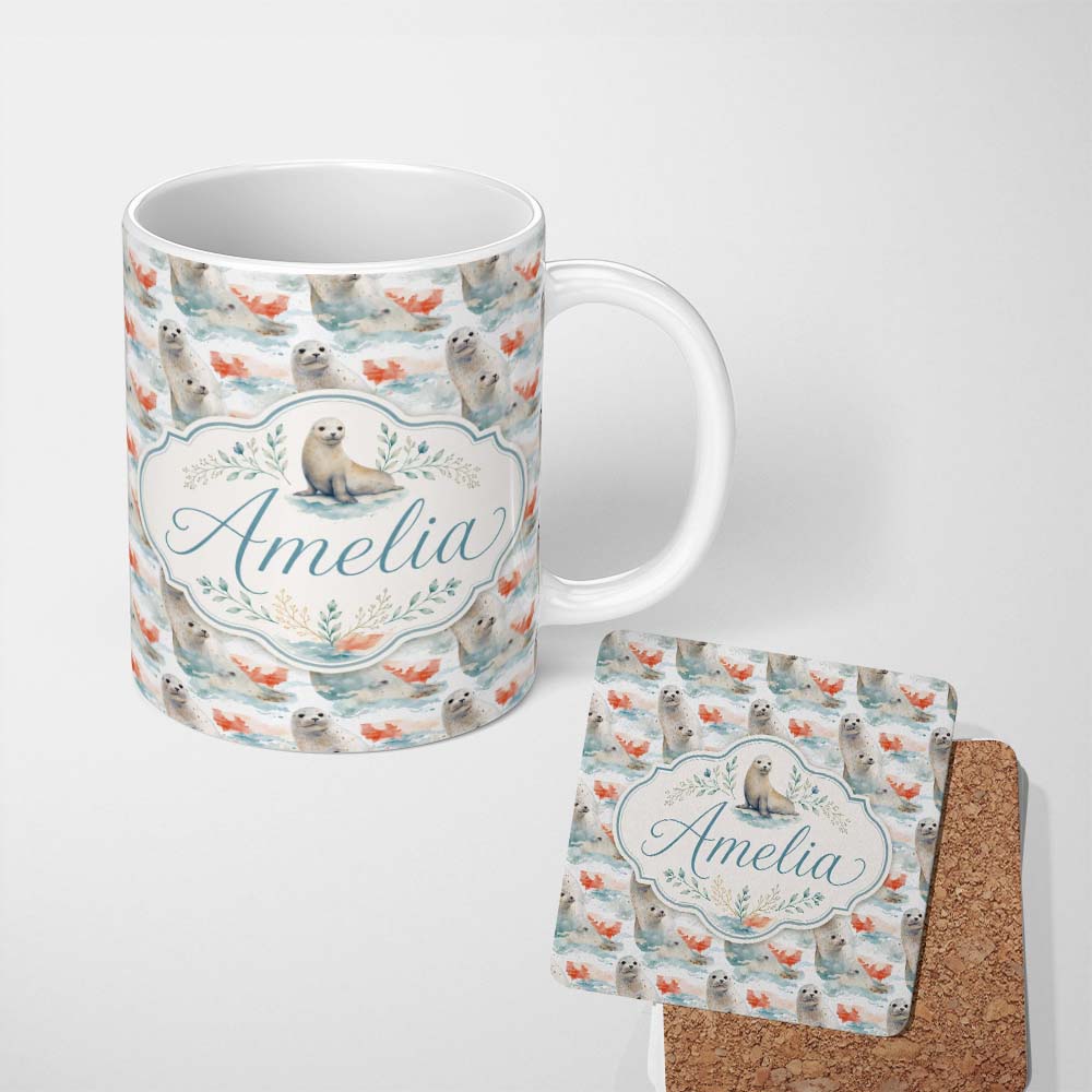Personalized Custom Name Watercolour Seal Pair with Soft Coral Splash Background Seamless 11oz Ceramic Coffee Tea Mug White Large Handle