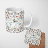 Personalized Custom Name Watercolour Seal Pair with Soft Coral Splash Background Seamless 11oz Ceramic Coffee Tea Mug White Large Handle
