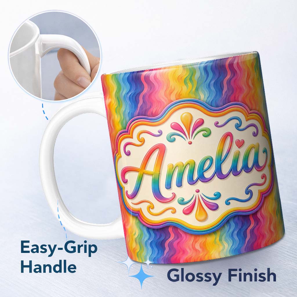 Personalized Custom Name Abstract Rainbow Wavy Gradient Flow Seamless Pattern Lovely 11oz Ceramic Coffee Tea Mug White Large Handle
