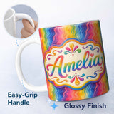 Personalized Custom Name Abstract Rainbow Wavy Gradient Flow Seamless Pattern Lovely 11oz Ceramic Coffee Tea Mug White Large Handle