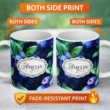 Personalized Custom Name Watercolor Blueberry Fruit Leaves Dark Background Seamless Pattern 11oz Ceramic Coffee Tea Mug White Large Handle