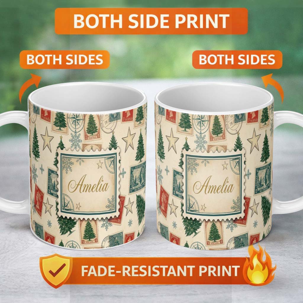 Personalized Custom Name Vintage Christmas Postcards Stamps and Winter Scenes Seamless Lovely 11oz Ceramic Coffee Tea Mug White Large Handle