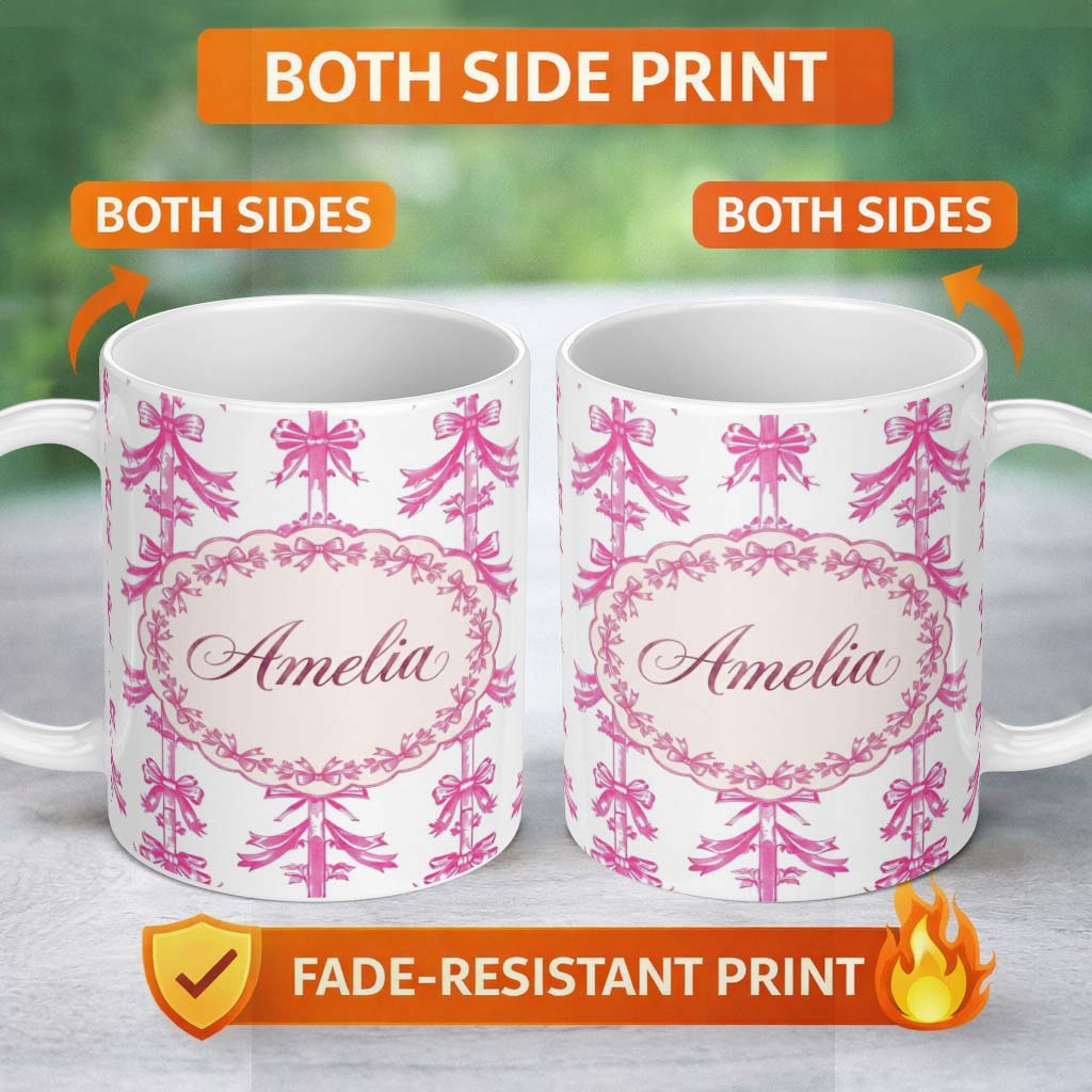 Personalized Custom Name Elegant Pink Ribbon Bow Vertical Stripe Seamless Pattern Lovely 11oz Ceramic Coffee Tea Mug White Large Handle