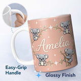 Personalized Custom Name Cute Cartoon Koala Bears with White Stars on Peach Background Lovely 11oz Ceramic Coffee Tea Mug White Large Handle