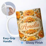 Personalized Custom Name Bold Orange Poppy Floral Seamless Pattern Vintage Botanical Bloom 11oz Ceramic Coffee Tea Mug White Large Handle