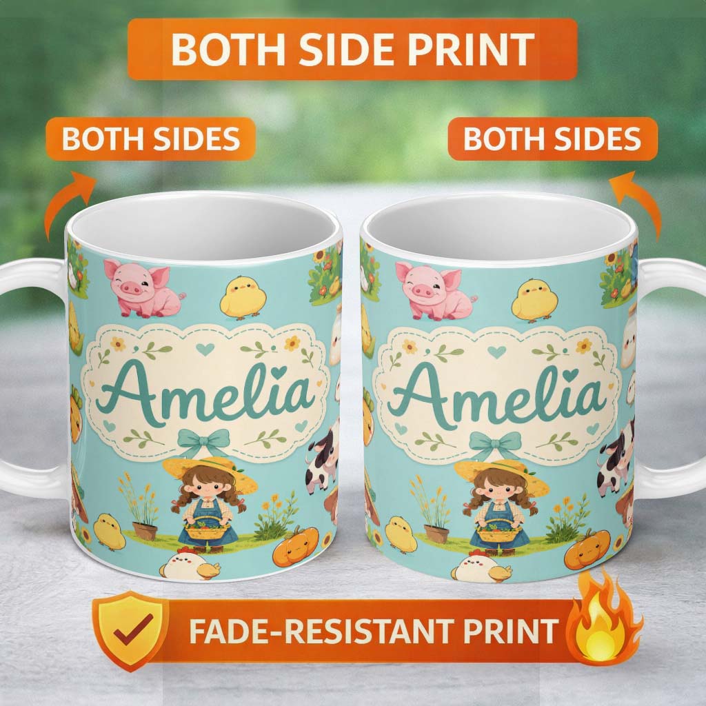 Personalized Custom Name Cute Farm Girl Animals Harvest Seamless Pattern Mint Background 11oz Ceramic Coffee Tea Mug White Large Handle