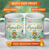Personalized Custom Name Cute Farm Girl Animals Harvest Seamless Pattern Mint Background 11oz Ceramic Coffee Tea Mug White Large Handle