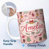 Personalized Custom Name Cute Christmas Tree Cupcake Gift Ornament Pink Seamless Pattern 11oz Ceramic Coffee Tea Mug White Large Handle