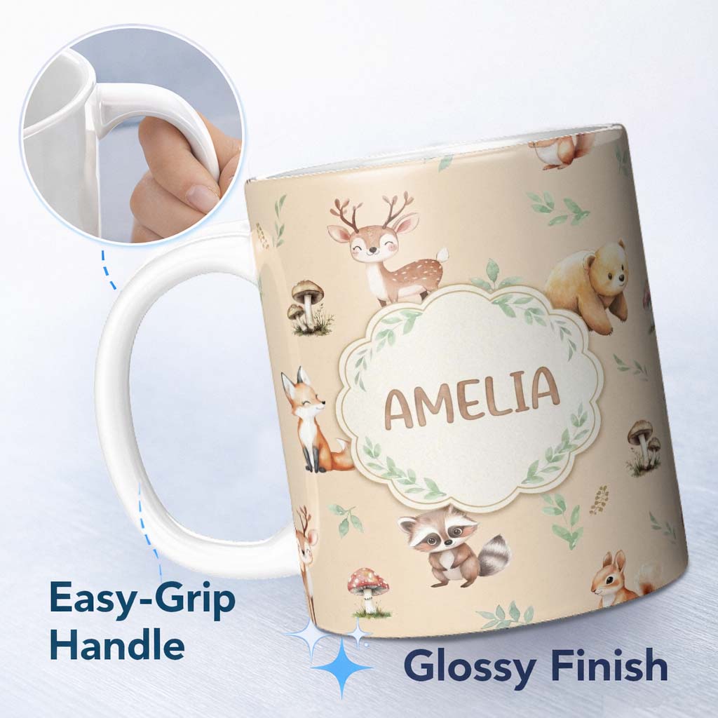 Personalized Custom Name Woodland Deer Bear Fox Owl Raccoon Leaves Mushrooms Beige Seamless 11oz Ceramic Coffee Tea Mug White Large Handle